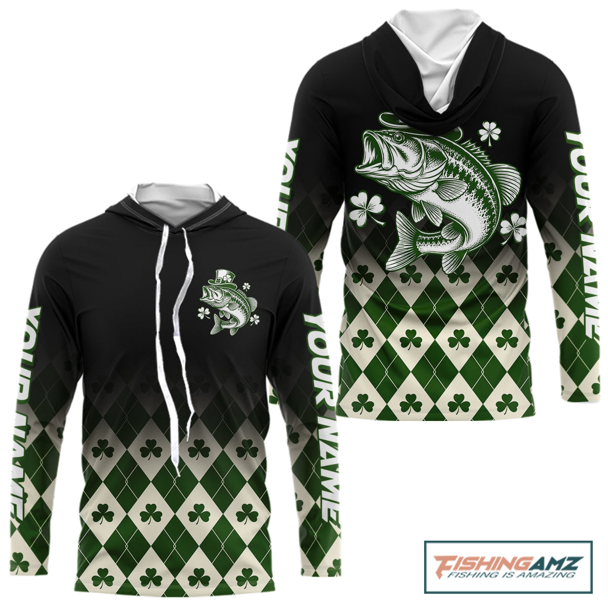 St. Patrick’S Day Bass Fishing Shirt, Shamrock Argyle Hooded Long Sleeve Shirt For Anglers NHT1484