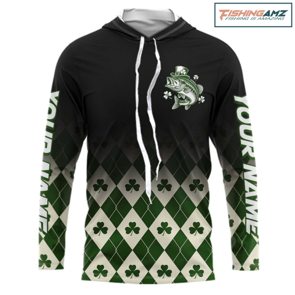 St. Patrick’S Day Bass Fishing Shirt, Shamrock Argyle Hooded Long Sleeve Shirt For Anglers NHT1484
