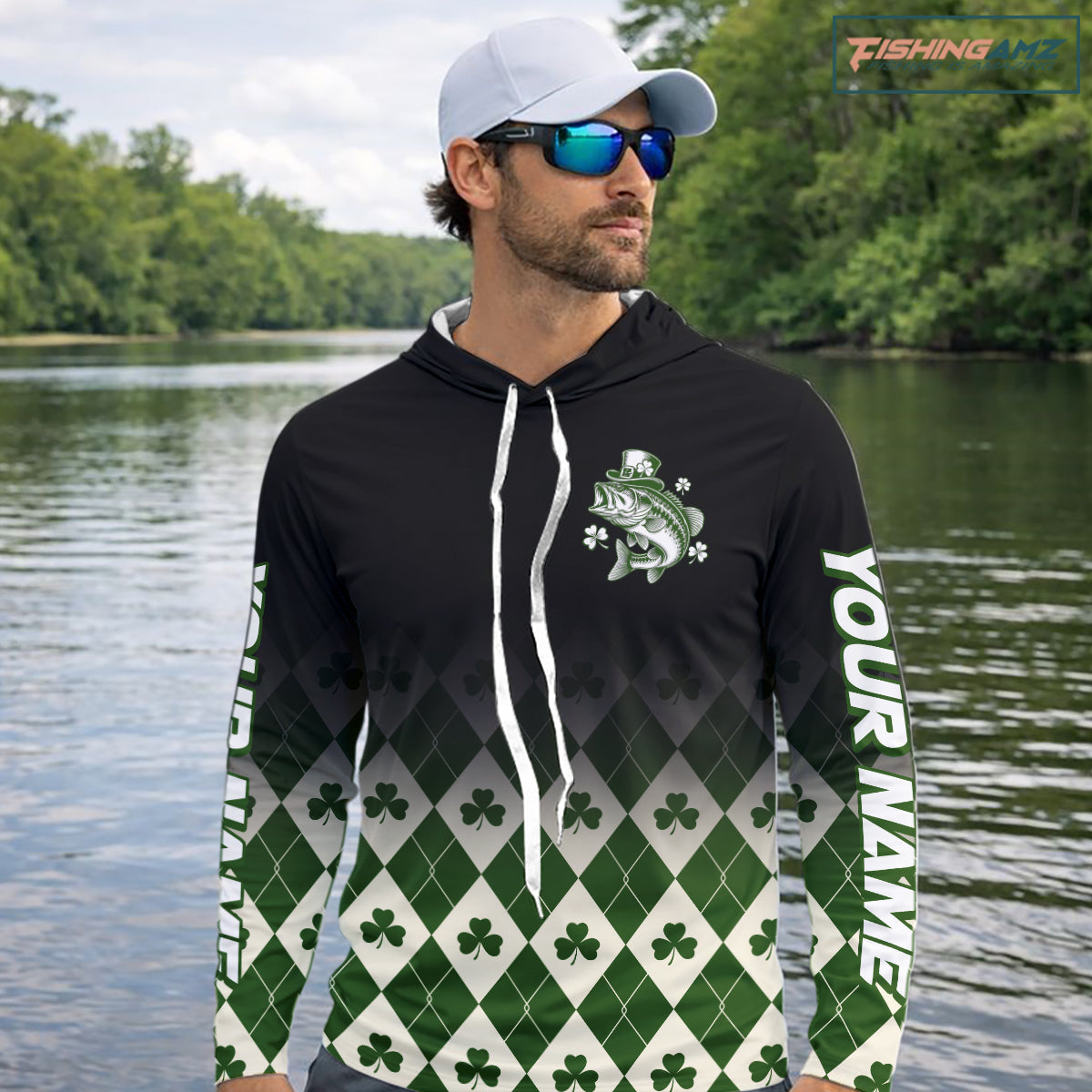 St. Patrick’S Day Bass Fishing Shirt, Shamrock Argyle Hooded Long Sleeve Shirt For Anglers NHT1484