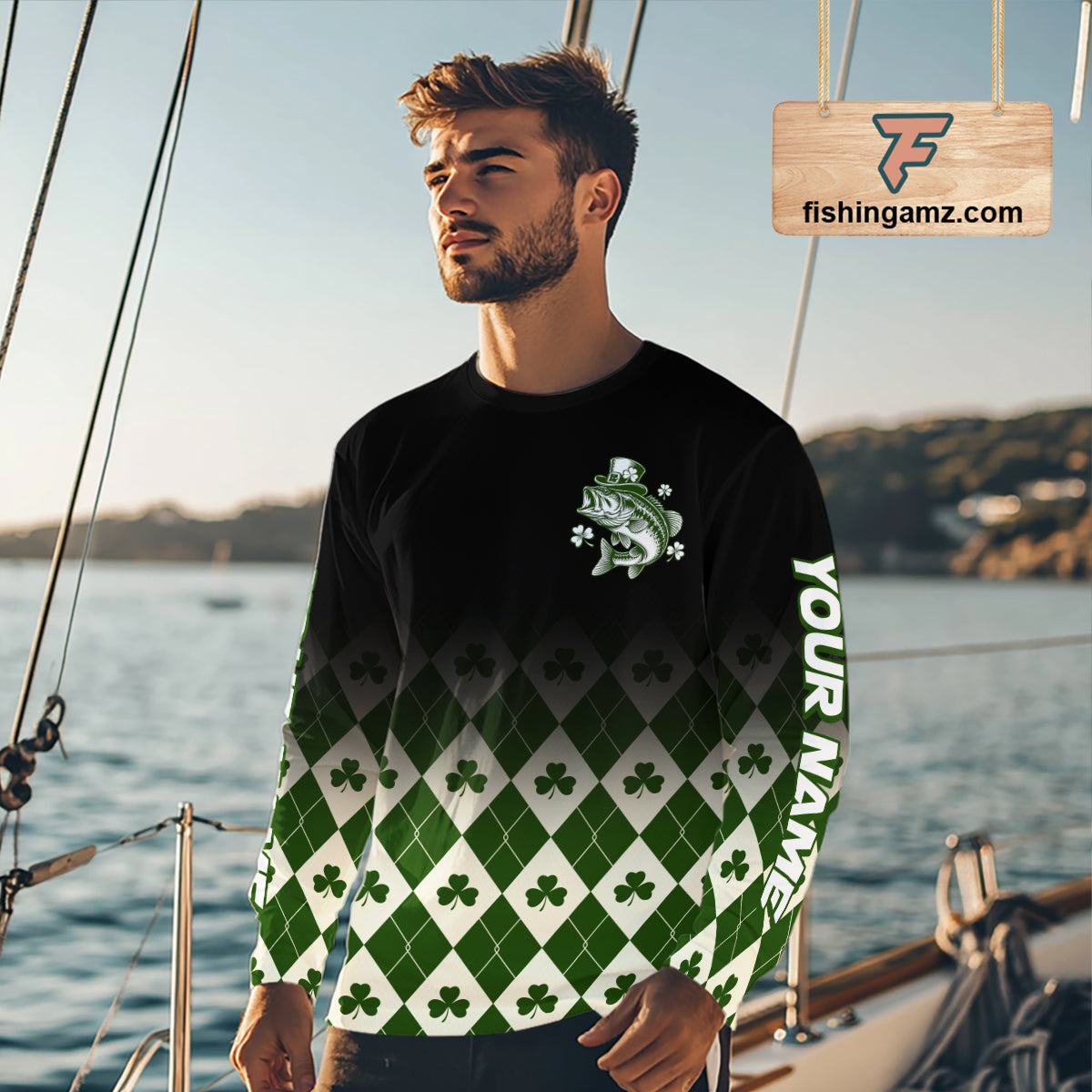 St. Patrick’S Day Bass Fishing Shirt, Shamrock Argyle Long Sleeve Shirt For Anglers NHT1484