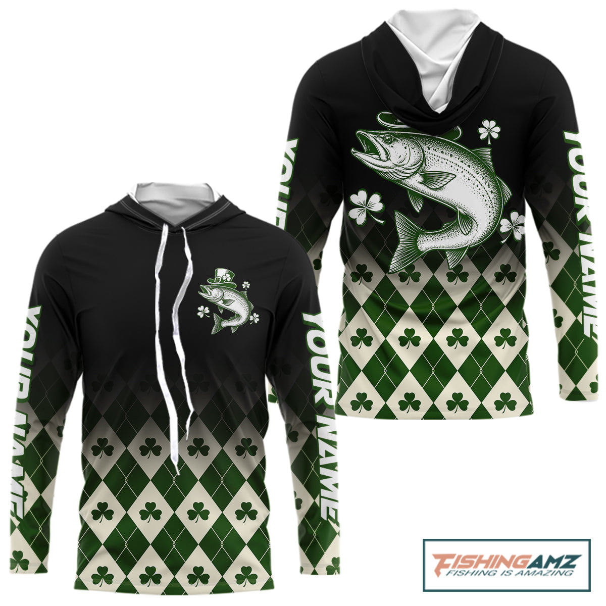 St. Patrick’S Day Chinook Salmon Fishing Shirt, Shamrock Argyle Hooded Long Sleeve Shirt For Anglers NHT1485
