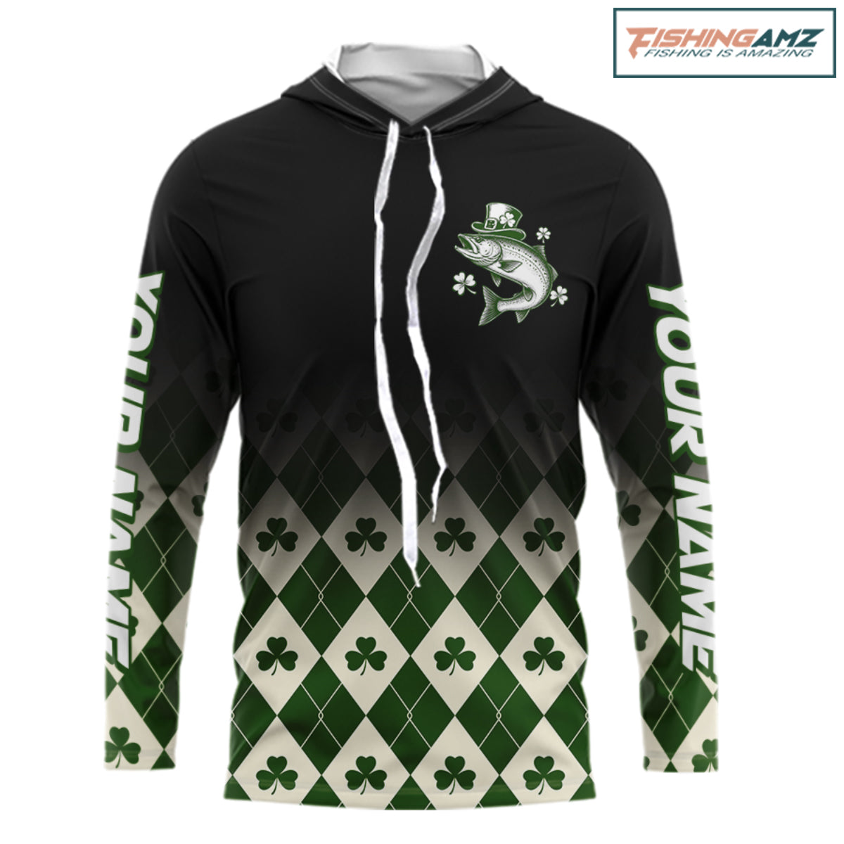 St. Patrick’S Day Chinook Salmon Fishing Shirt, Shamrock Argyle Hooded Long Sleeve Shirt For Anglers NHT1485