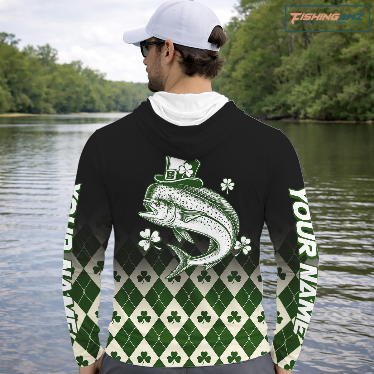 St. Patrick’S Day Mahi Mahi Fishing Shirt, Shamrock Argyle Hooded Long Sleeve Shirt For Anglers NHT1486