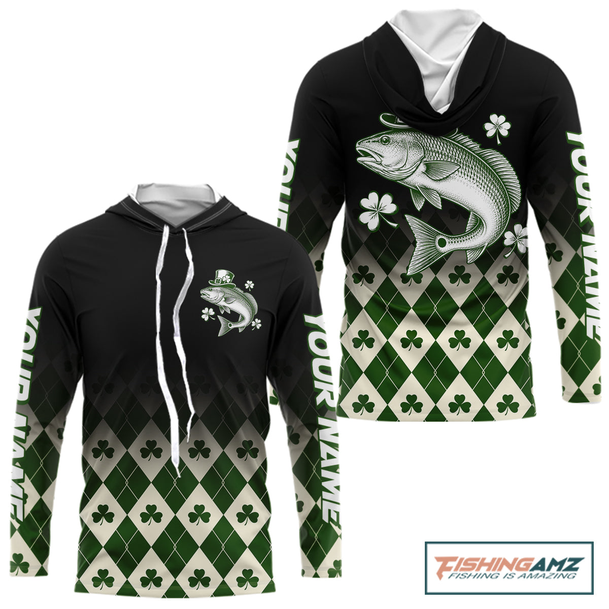St. Patrick’S Day Redfish Fishing Shirt, Shamrock Argyle Hooded Long Sleeve Shirt For Anglers NHT1487