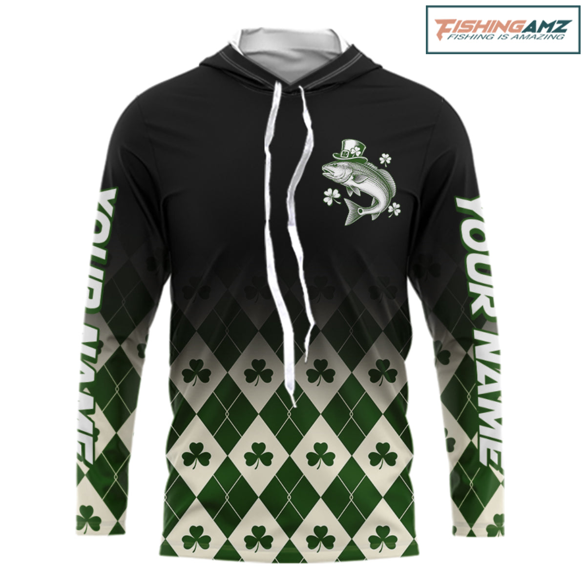 St. Patrick’S Day Redfish Fishing Shirt, Shamrock Argyle Hooded Long Sleeve Shirt For Anglers NHT1487