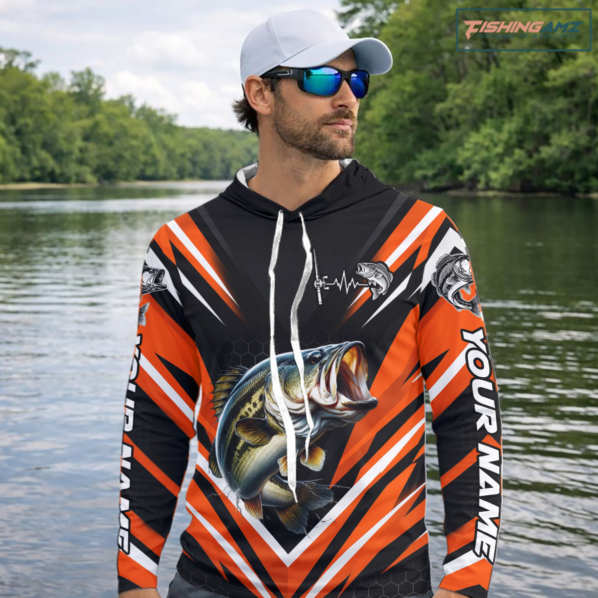 Largemouth Bass Fishing Long Sleeve Hooded Shirt Custom Orange Black Fish Performance Jersey NHT1638