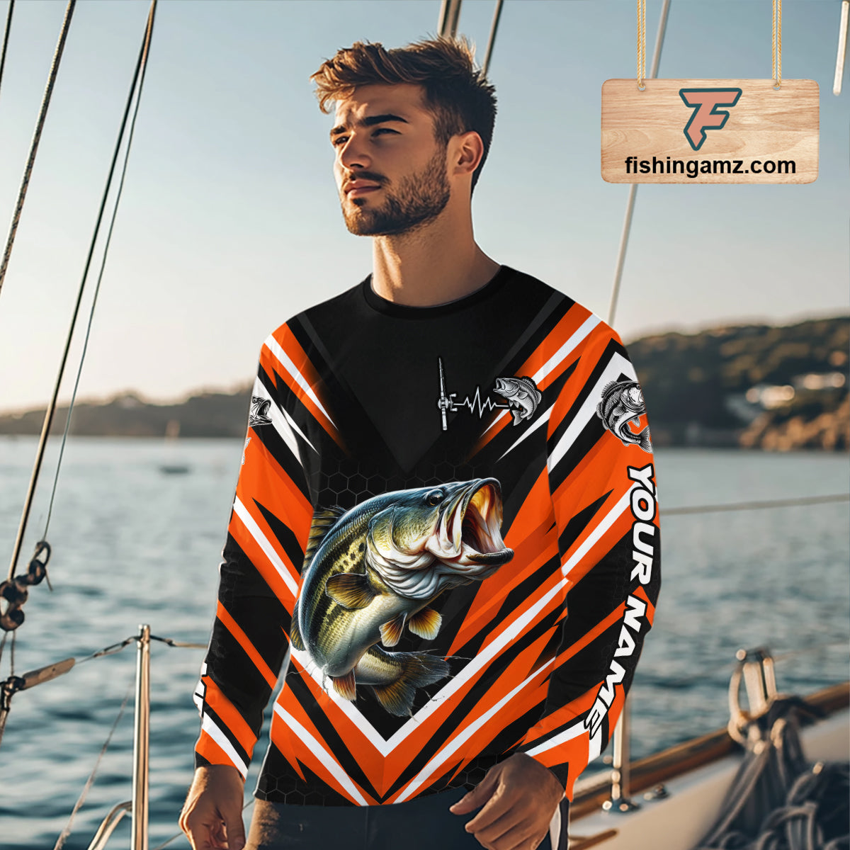 Largemouth Bass Fishing Long Sleeve Shirt Custom Orange Black Fish Performance Jersey NHT1638