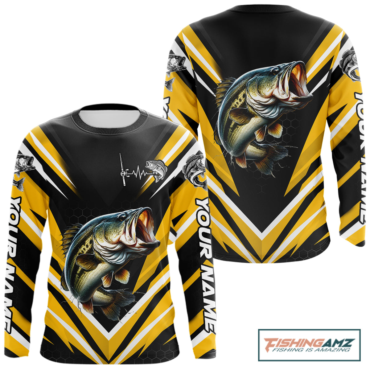 Largemouth Bass Fishing Long Sleeve Shirt Custom Yellow Black Fish Performance Jersey NHT1639