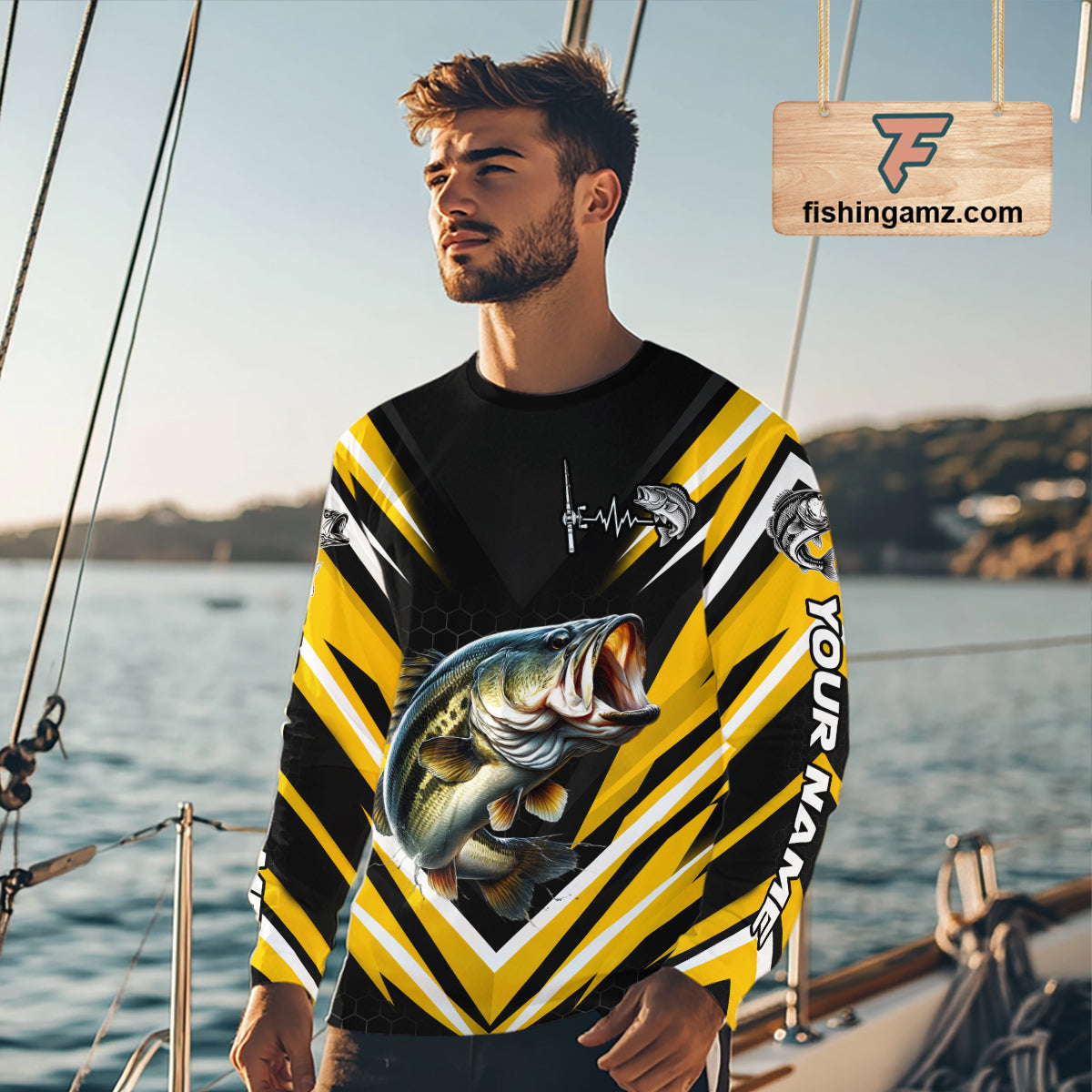Largemouth Bass Fishing Long Sleeve Shirt Custom Yellow Black Fish Performance Jersey NHT1639