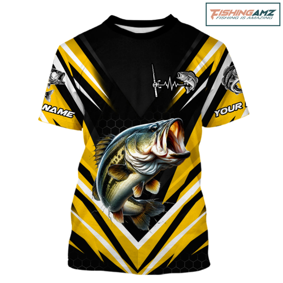 Largemouth Bass Fishing Short Sleeve Shirt Custom Yellow Black Fish Performance Jersey NHT1639