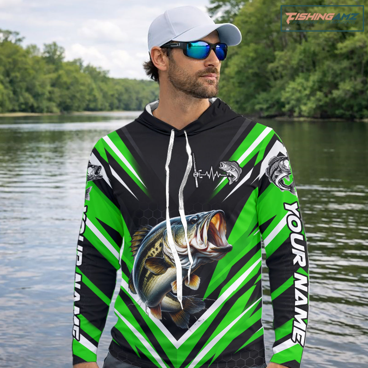 Largemouth Bass Fishing Long Sleeve Hooded Shirt Custom Green Black Fish Performance Jersey NHT1640