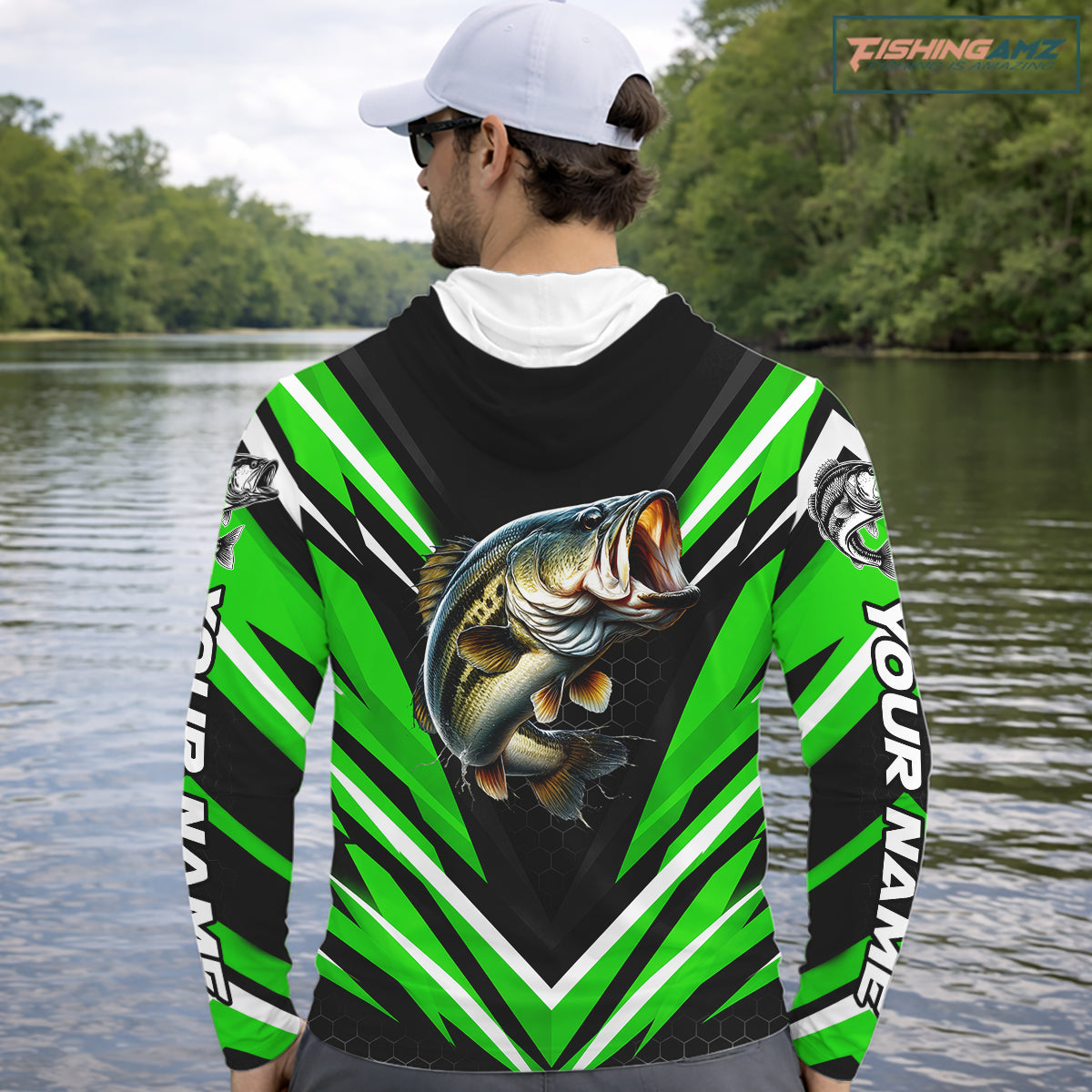 Largemouth Bass Fishing Long Sleeve Hooded Shirt Custom Green Black Fish Performance Jersey NHT1640