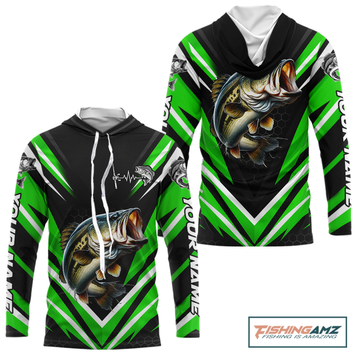 Largemouth Bass Fishing Long Sleeve Hooded Shirt Custom Green Black Fish Performance Jersey NHT1640