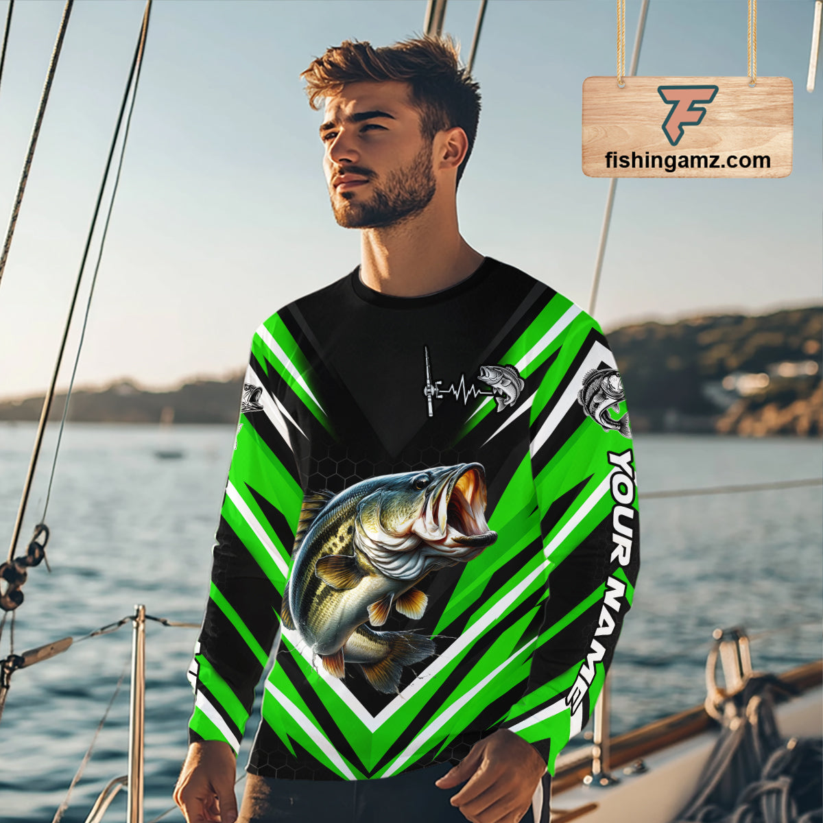 Largemouth Bass Fishing Long Sleeve Shirt Custom Green Black Fish Performance Jersey NHT1640