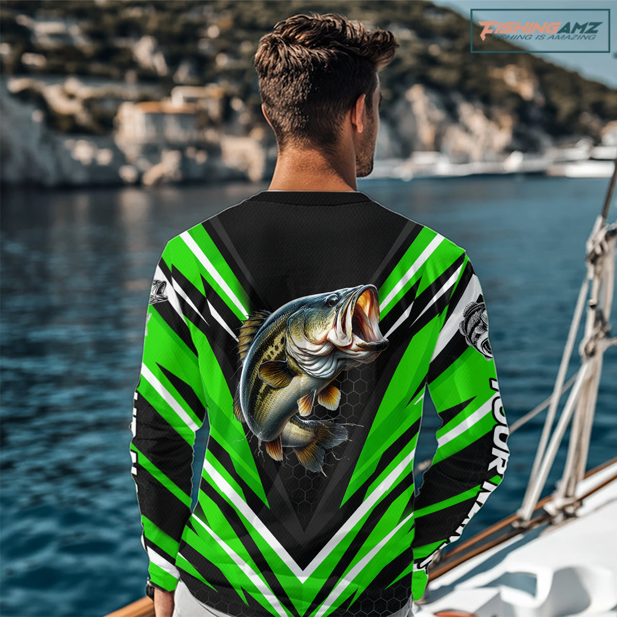 Largemouth Bass Fishing Long Sleeve Shirt Custom Green Black Fish Performance Jersey NHT1640