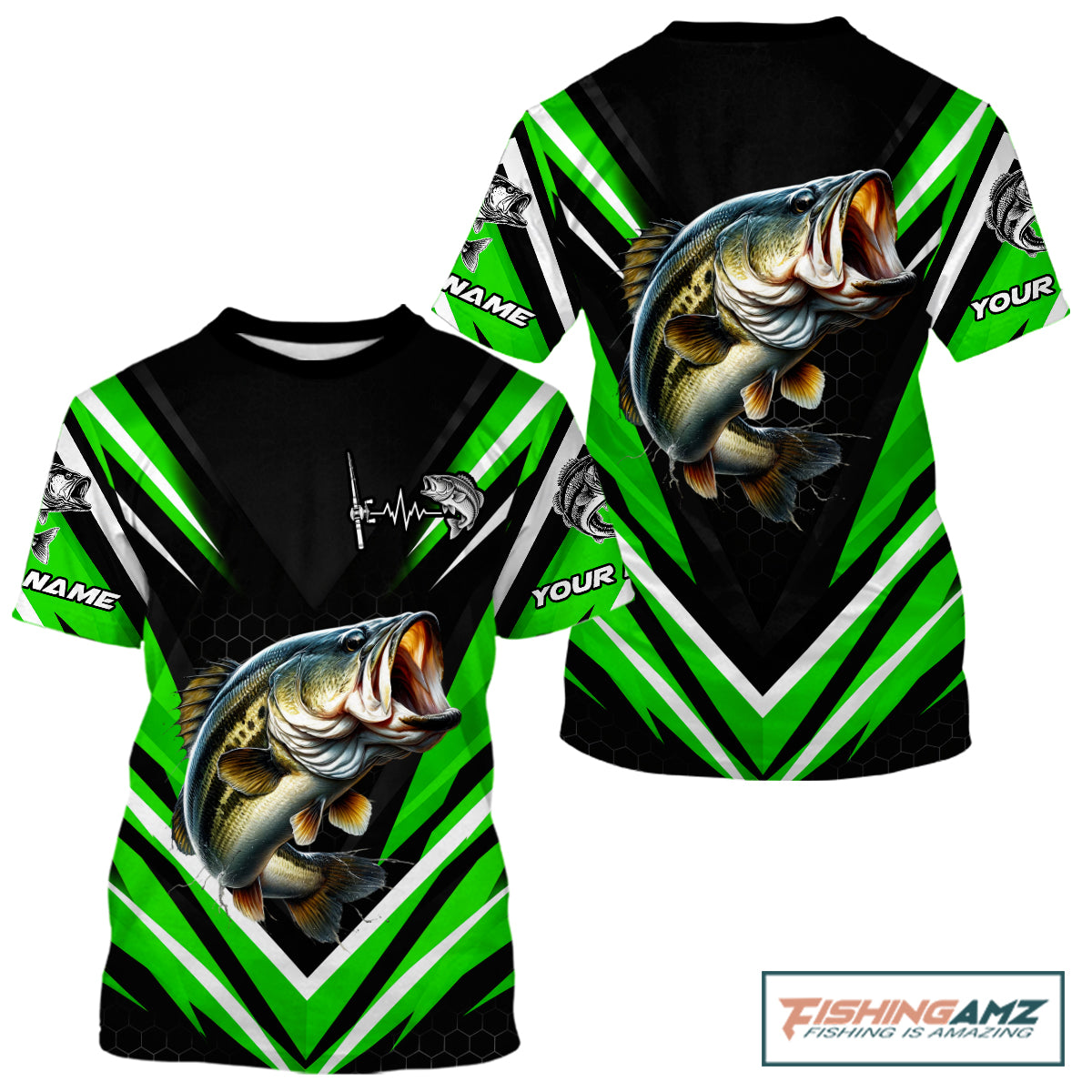 Largemouth Bass Fishing Short Sleeve Shirt Custom Green Black Fish Performance Jersey NHT1640