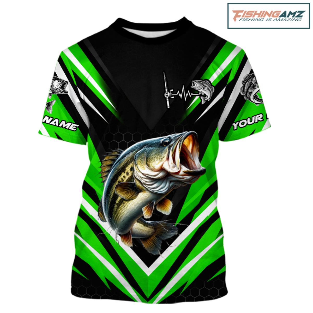 Largemouth Bass Fishing Short Sleeve Shirt Custom Green Black Fish Performance Jersey NHT1640