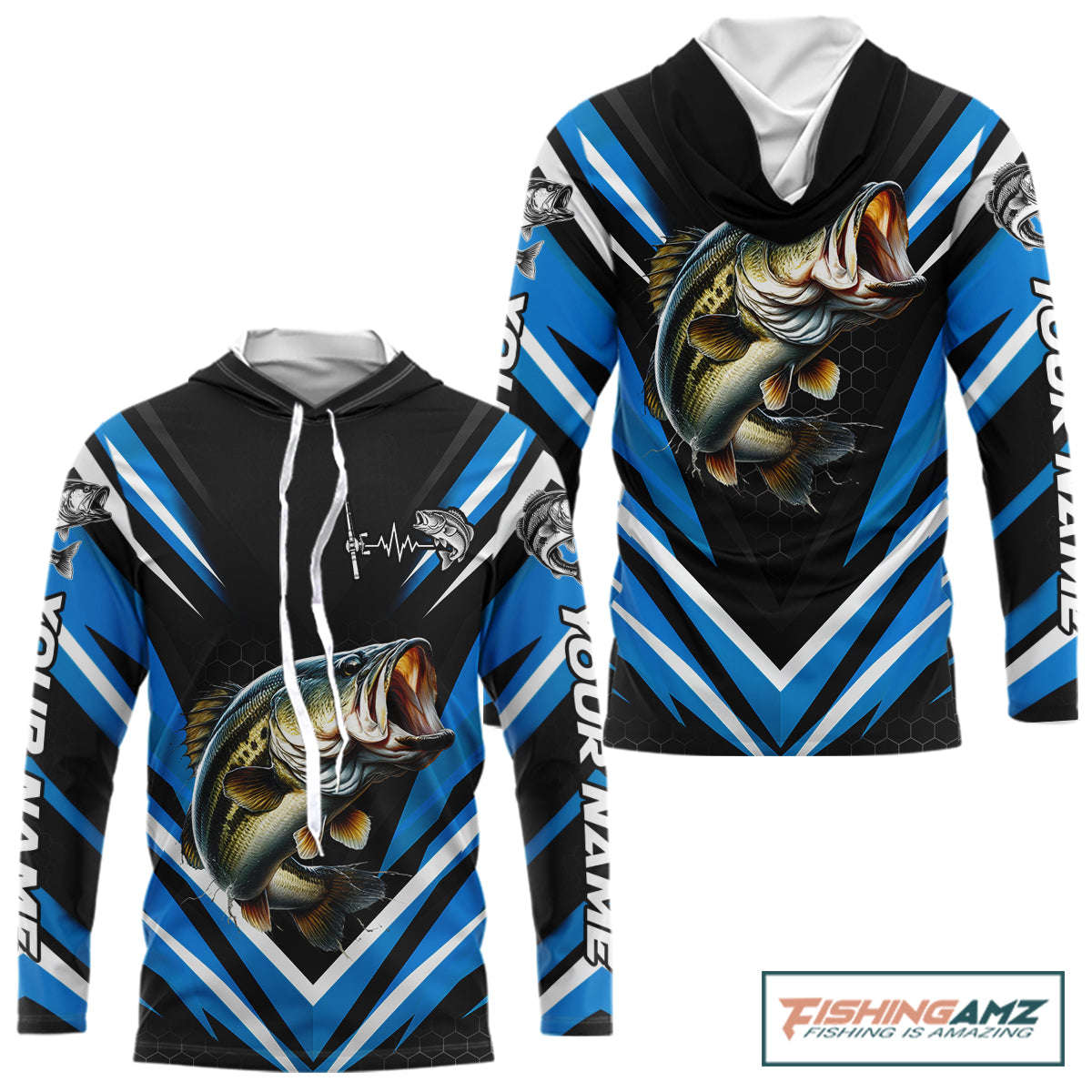 Largemouth Bass Fishing Long Sleeve Hooded Shirt Custom Blue Black Fish Performance Jersey NHT1641