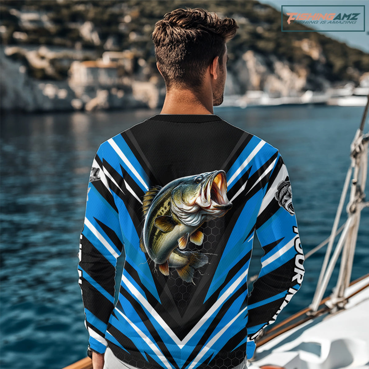 Largemouth Bass Fishing Long Sleeve Shirt Custom Blue Black Fish Performance Jersey NHT1641