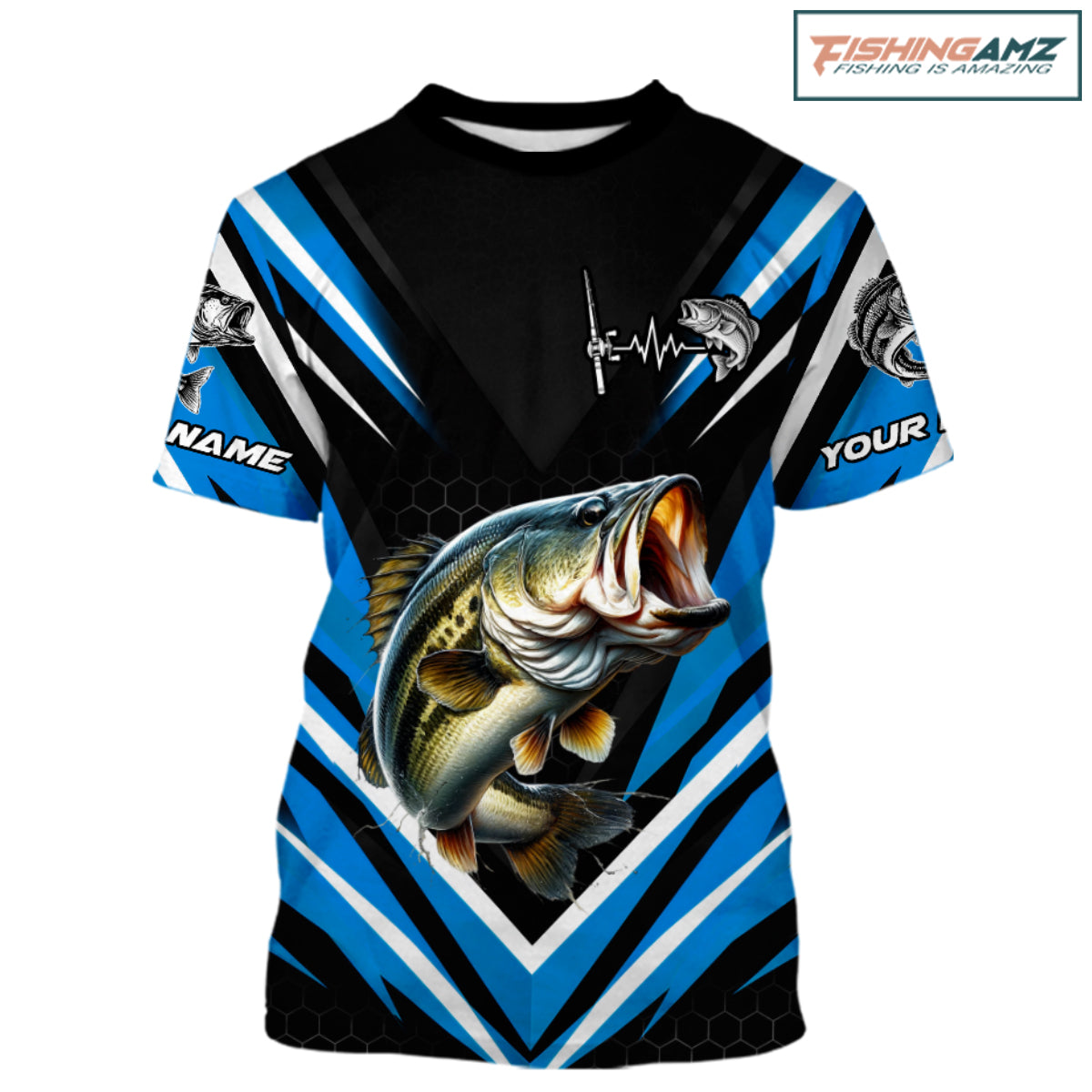 Largemouth Bass Fishing Short Sleeve Shirt Custom Blue Black Fish Performance Jersey NHT1641