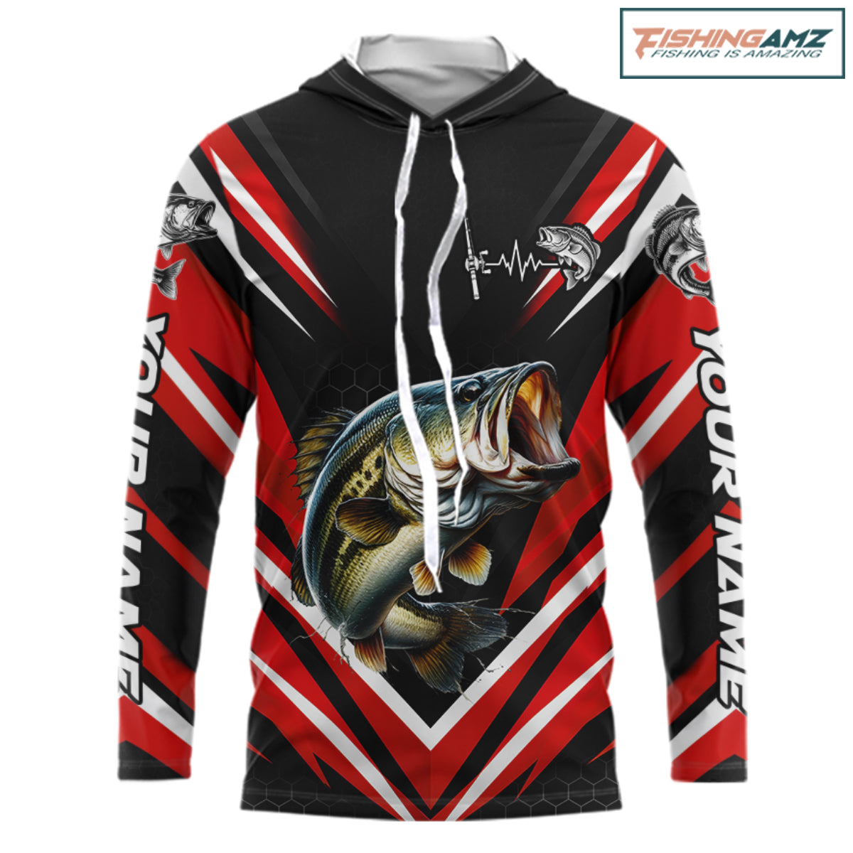 Largemouth Bass Fishing Long Sleeve Hooded Shirt Custom Red Black Fish Performance Jersey NHT1642