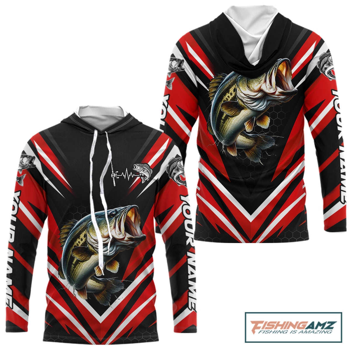 Largemouth Bass Fishing Long Sleeve Hooded Shirt Custom Red Black Fish Performance Jersey NHT1642