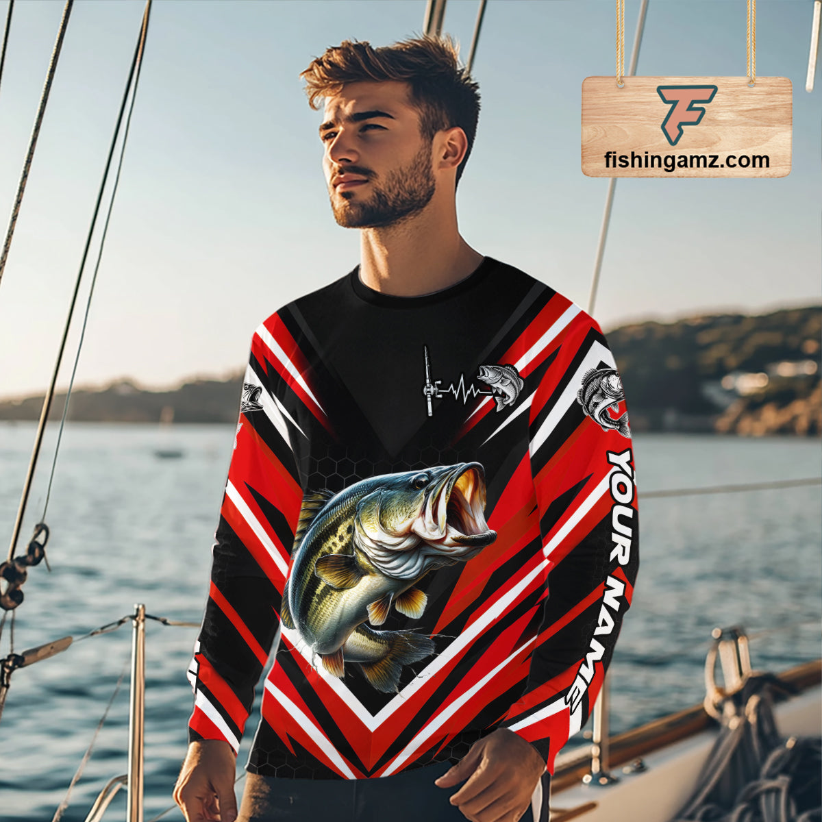 Largemouth Bass Fishing Long Sleeve Shirt Custom Red Black Fish Performance Jersey NHT1642