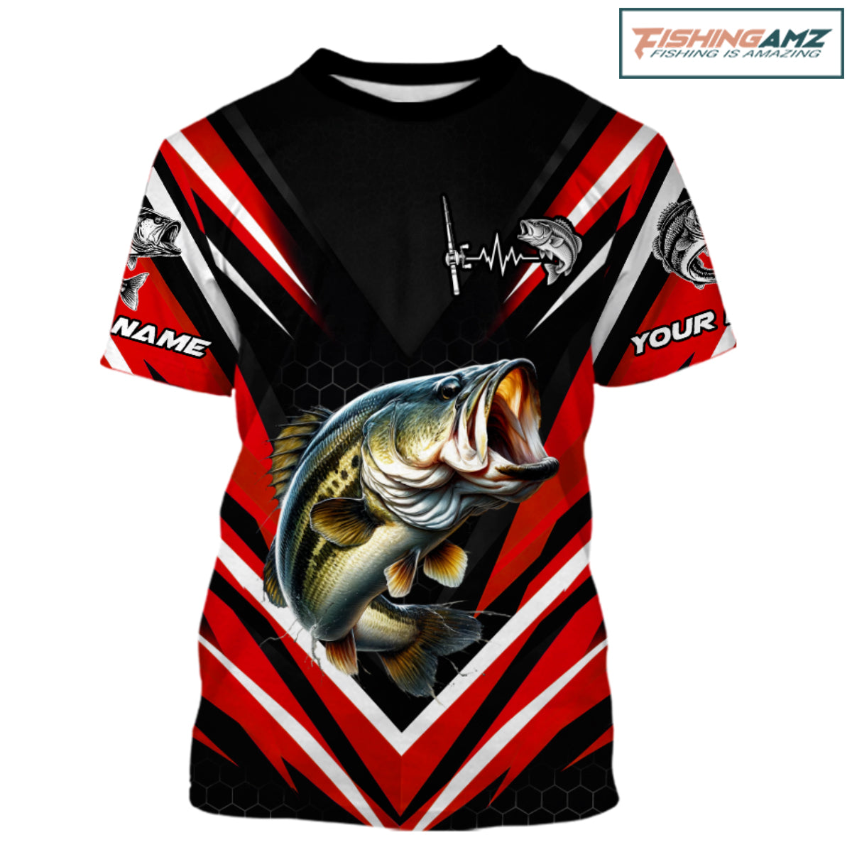 Largemouth Bass Fishing Short Sleeve Shirt Custom Red Black Fish Performance Jersey NHT1642