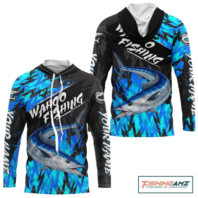Personalized Wahoo Blue Long Sleeve Hooded Performance Fishing Shirts, Fishing Shirt For Men NHT454