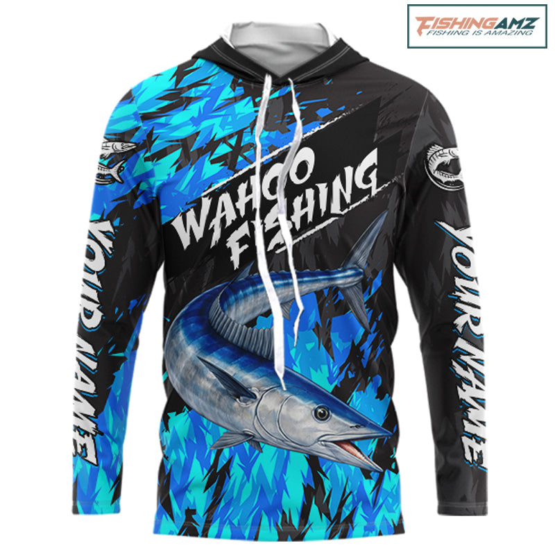 Personalized Wahoo Blue Long Sleeve Hooded Performance Fishing Shirts, Fishing Shirt For Men NHT454