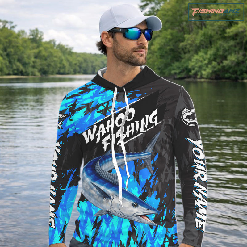 Personalized Wahoo Blue Long Sleeve Hooded Performance Fishing Shirts, Fishing Shirt For Men NHT454