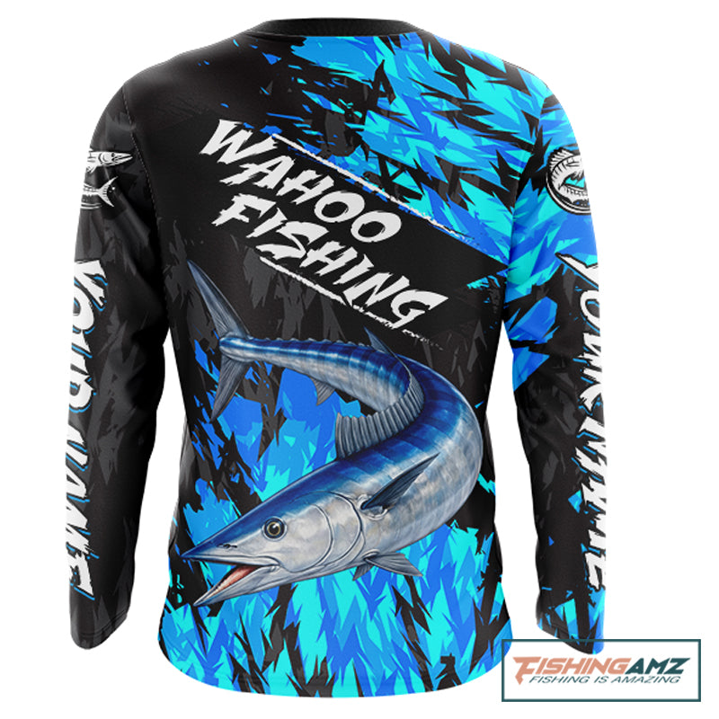Personalized Wahoo Blue Long Sleeve Performance Fishing Shirts, Fishing Shirt For Men NHT454