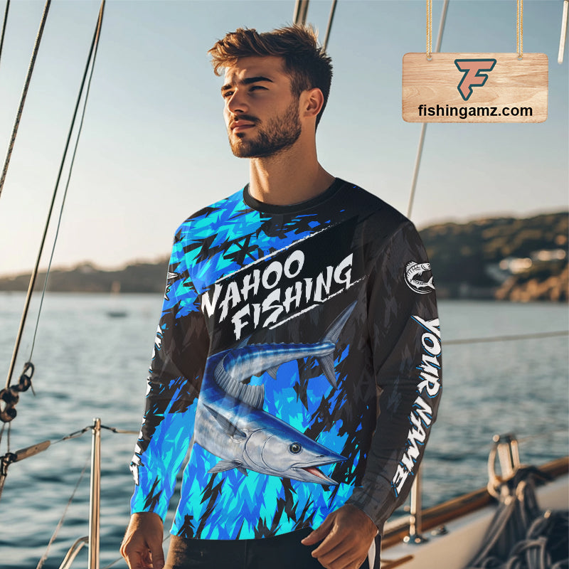 Personalized Wahoo Blue Long Sleeve Performance Fishing Shirts, Fishing Shirt For Men NHT454