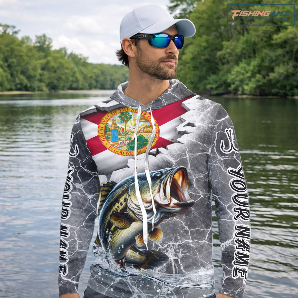 Florida Largemouth Bass Camo Gray Custom Hooded Long Sleeve Performance Fishing Shirts, Florida Flag Fishing Jerseys NHT657