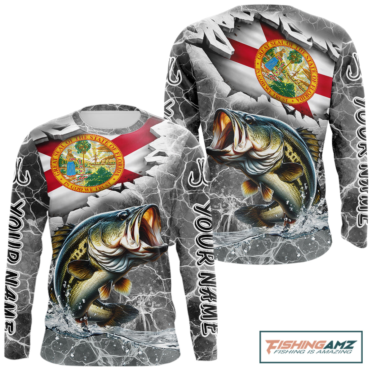 Florida Largemouth Bass Camo Gray Custom Long Sleeve Performance Fishing Shirts, Florida Flag Fishing Jerseys NHT657