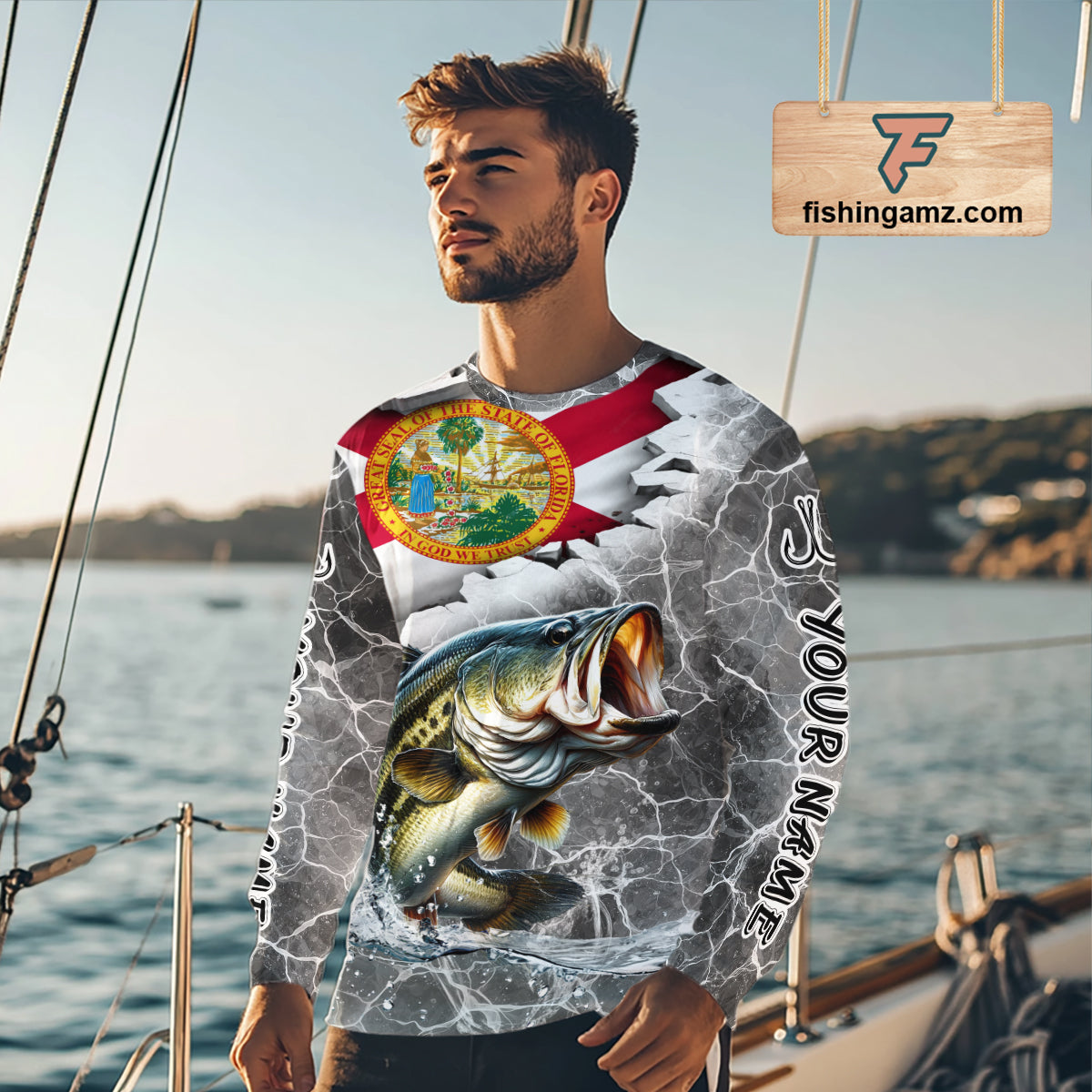 Florida Largemouth Bass Camo Gray Custom Long Sleeve Performance Fishing Shirts, Florida Flag Fishing Jerseys NHT657