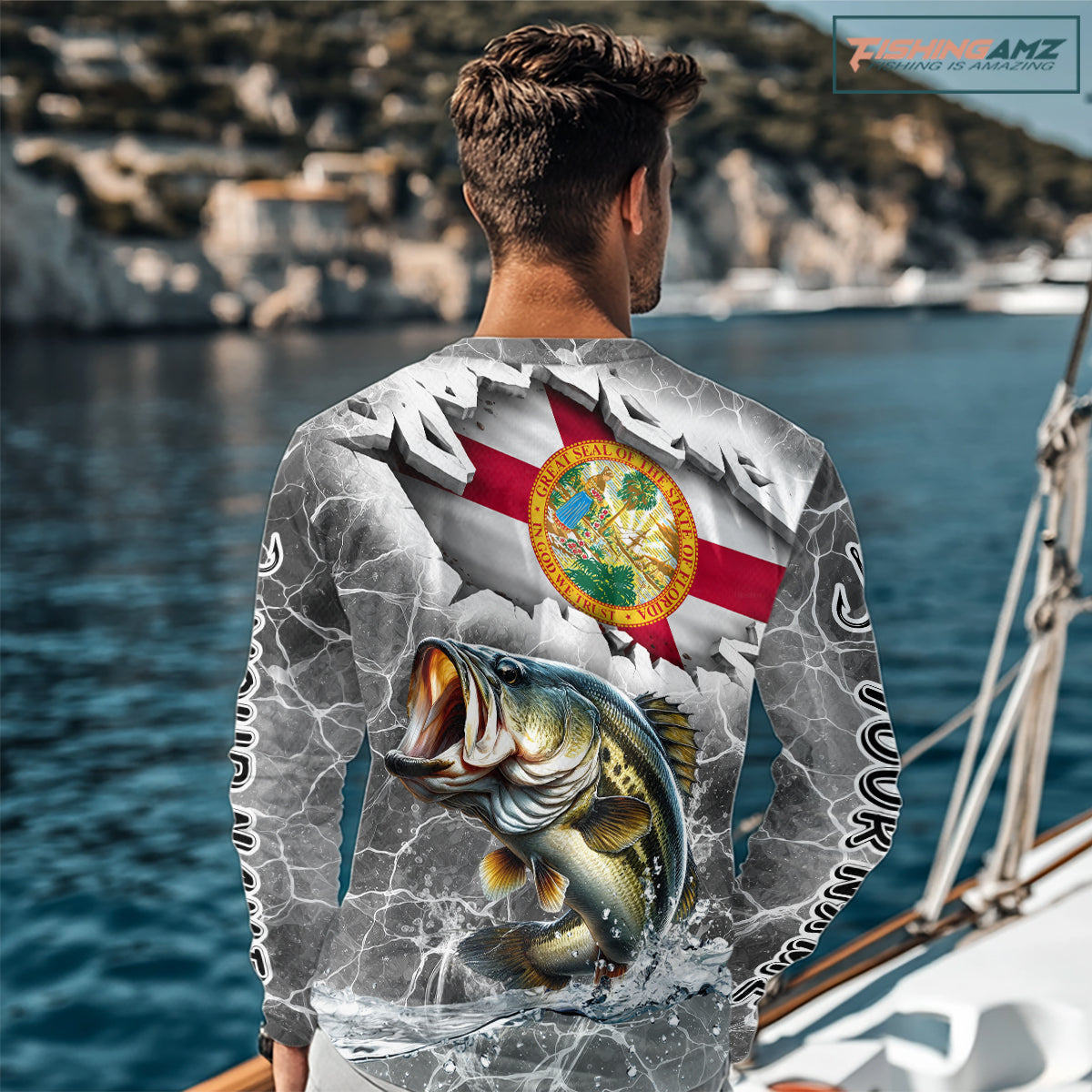 Florida Largemouth Bass Camo Gray Custom Long Sleeve Performance Fishing Shirts, Florida Flag Fishing Jerseys NHT657