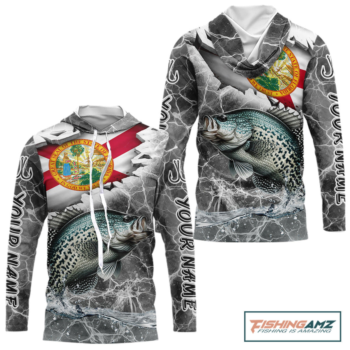 Florida Crappie Camo Gray Custom Hooded Long Sleeve Performance Fishing Shirts, Florida Flag Fishing Jerseys NHT658