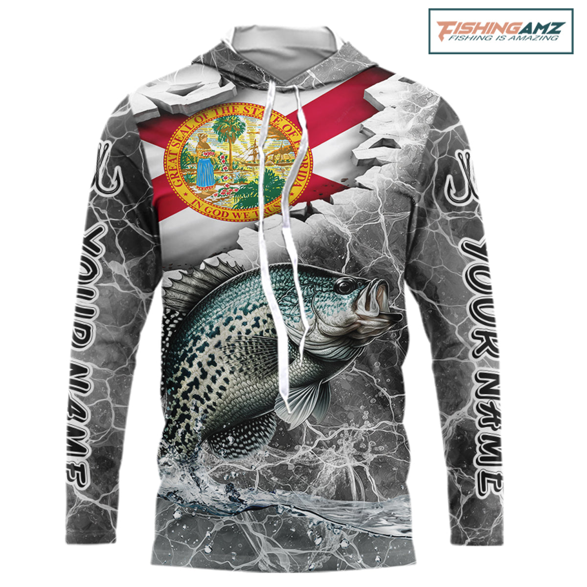 Florida Crappie Camo Gray Custom Hooded Long Sleeve Performance Fishing Shirts, Florida Flag Fishing Jerseys NHT658