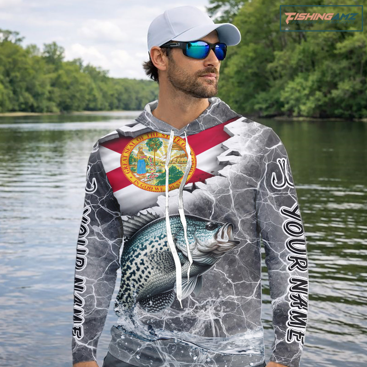 Florida Crappie Camo Gray Custom Hooded Long Sleeve Performance Fishing Shirts, Florida Flag Fishing Jerseys NHT658