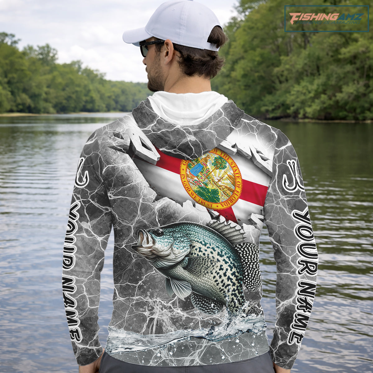 Florida Crappie Camo Gray Custom Hooded Long Sleeve Performance Fishing Shirts, Florida Flag Fishing Jerseys NHT658