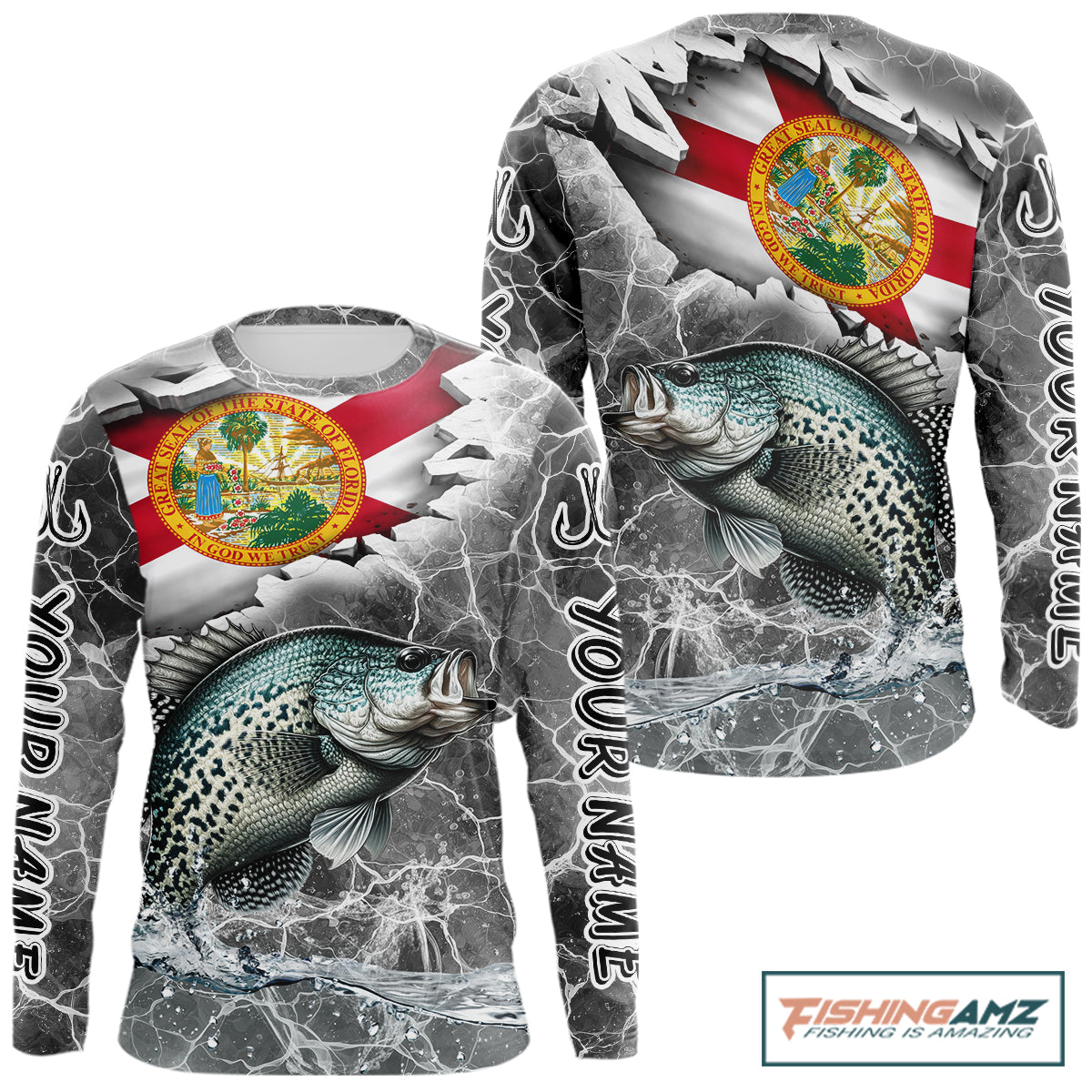 Florida Crappie Camo Gray Custom Long Sleeve Performance Fishing Shirts, Florida Flag Fishing Jerseys NHT658