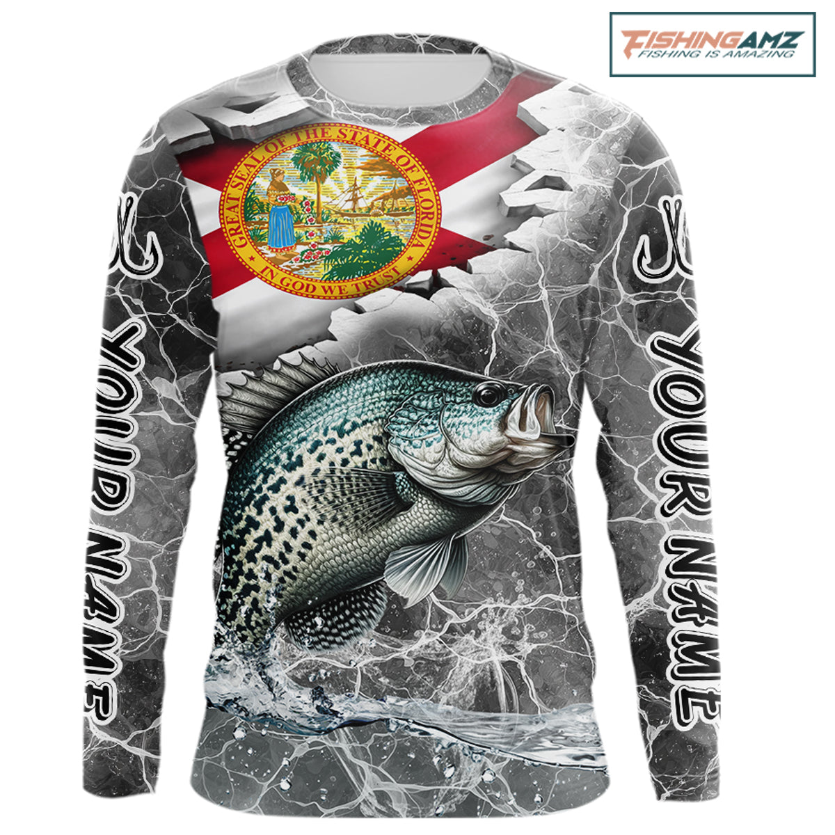 Florida Crappie Camo Gray Custom Long Sleeve Performance Fishing Shirts, Florida Flag Fishing Jerseys NHT658