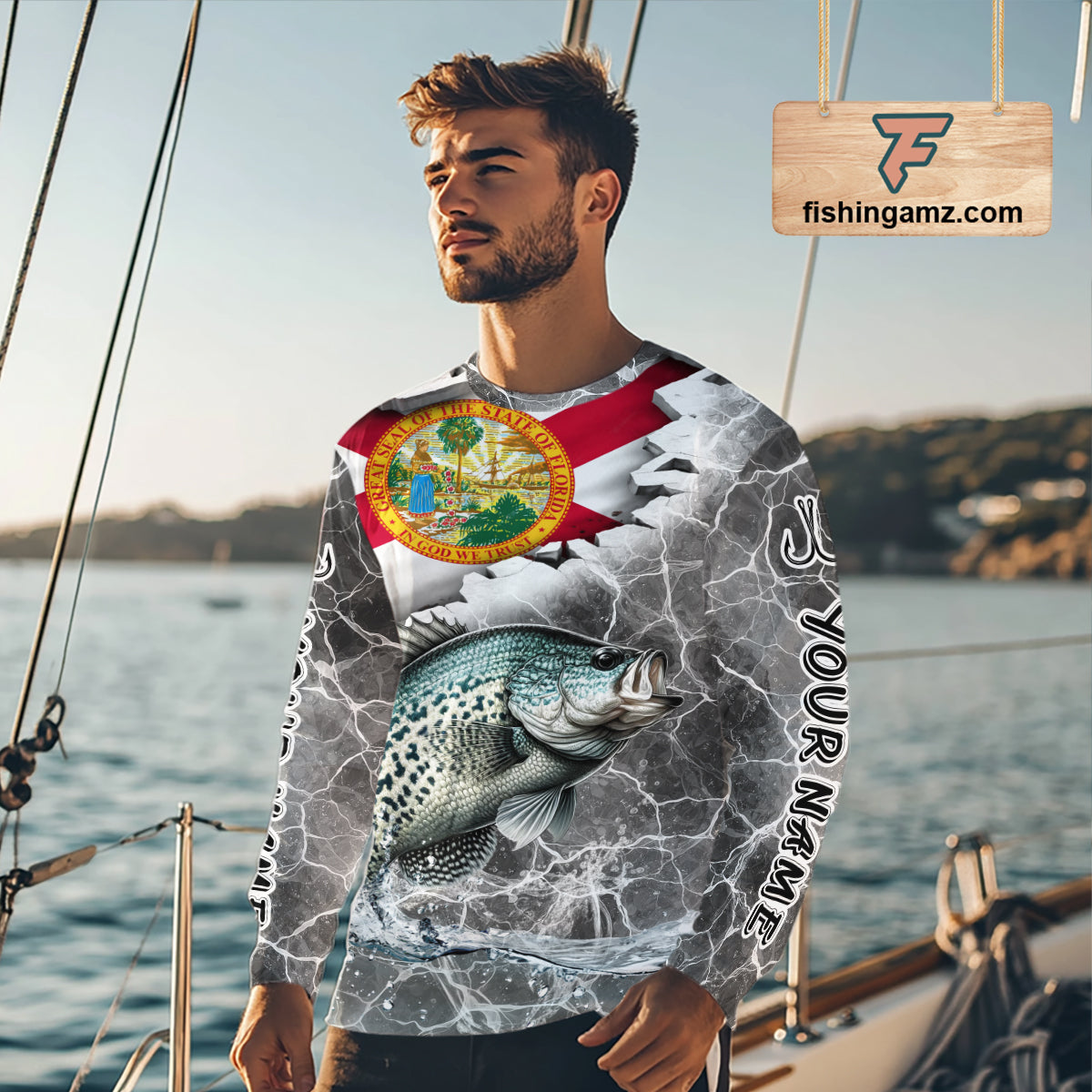 Florida Crappie Camo Gray Custom Long Sleeve Performance Fishing Shirts, Florida Flag Fishing Jerseys NHT658