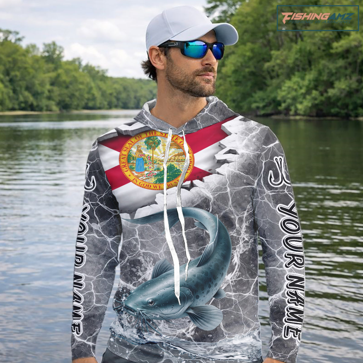 Florida Catfish Camo Gray Custom Hooded Long Sleeve Performance Fishing Shirts, Florida Flag Fishing Jerseys NHT659
