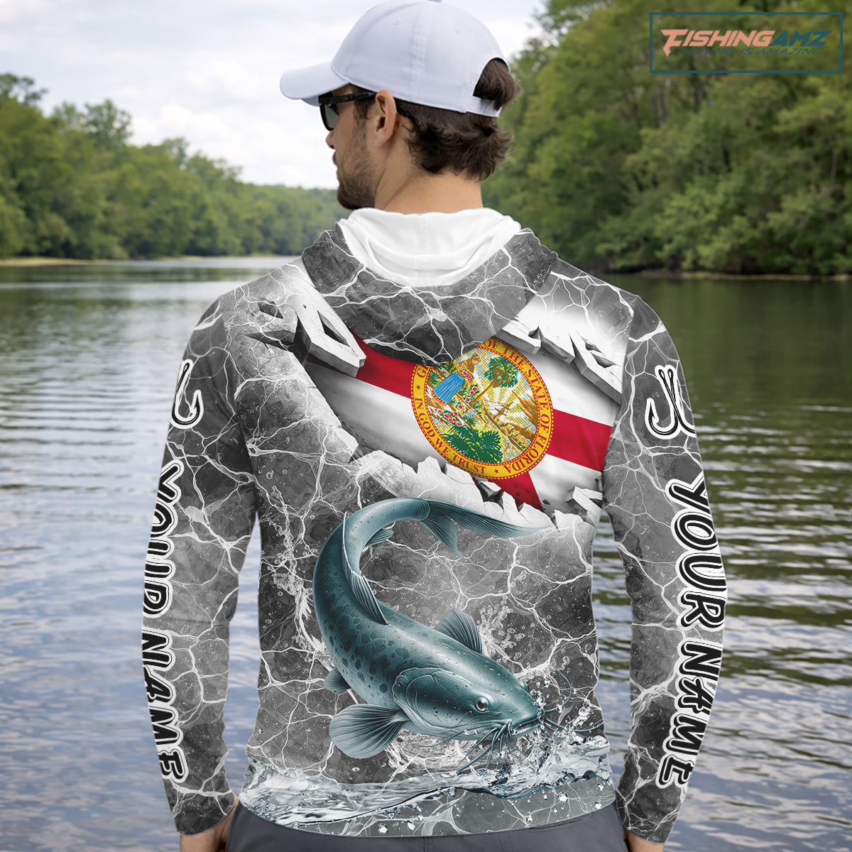Florida Catfish Camo Gray Custom Hooded Long Sleeve Performance Fishing Shirts, Florida Flag Fishing Jerseys NHT659