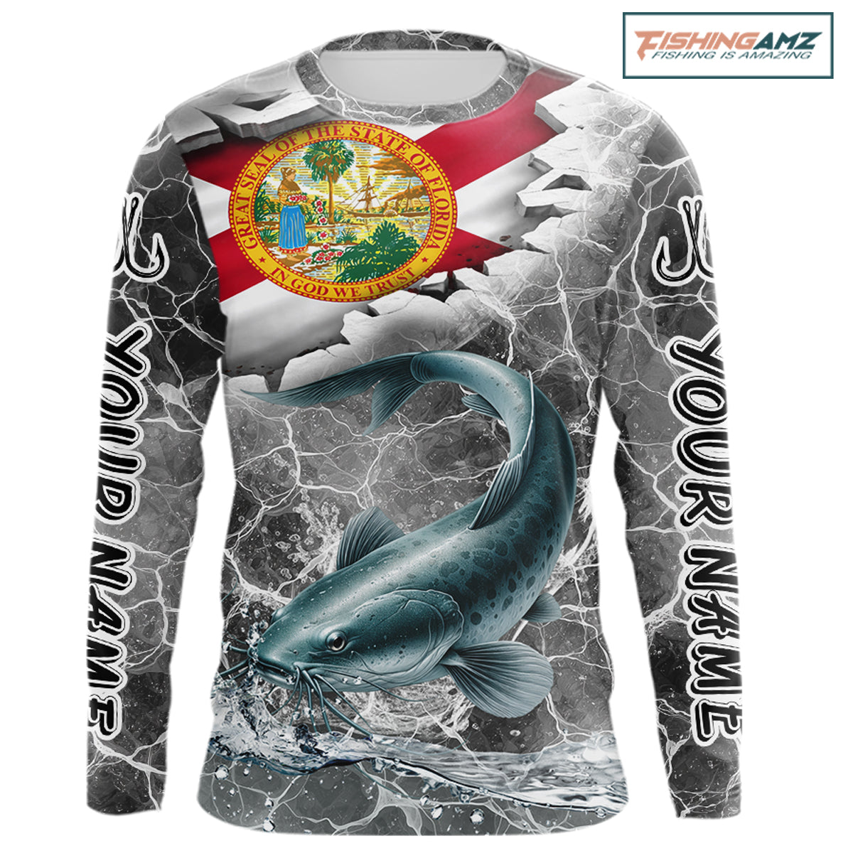 Florida Catfish Camo Gray Custom Long Sleeve Performance Fishing Shirts, Florida Flag Fishing Jerseys NHT659