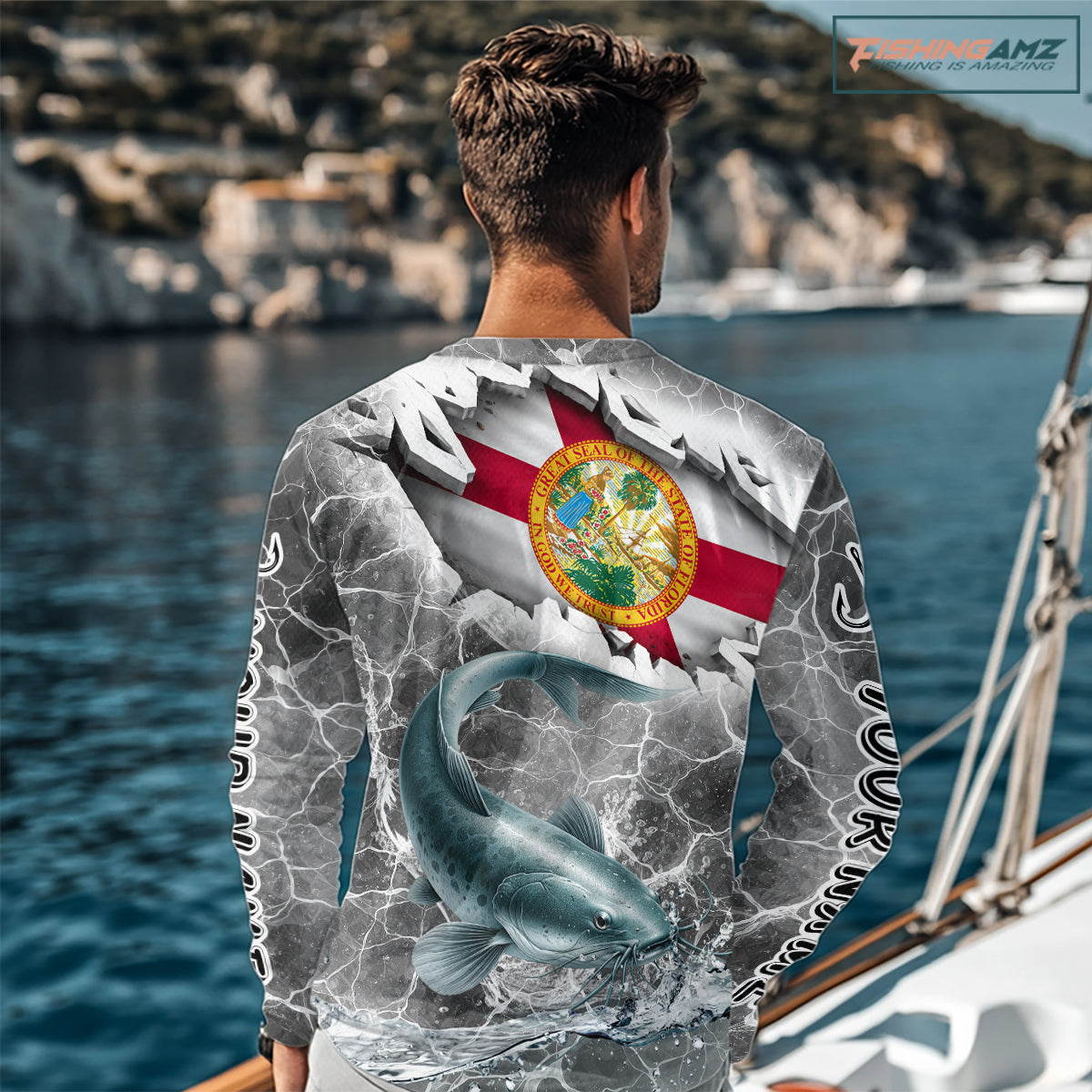 Florida Catfish Camo Gray Custom Long Sleeve Performance Fishing Shirts, Florida Flag Fishing Jerseys NHT659