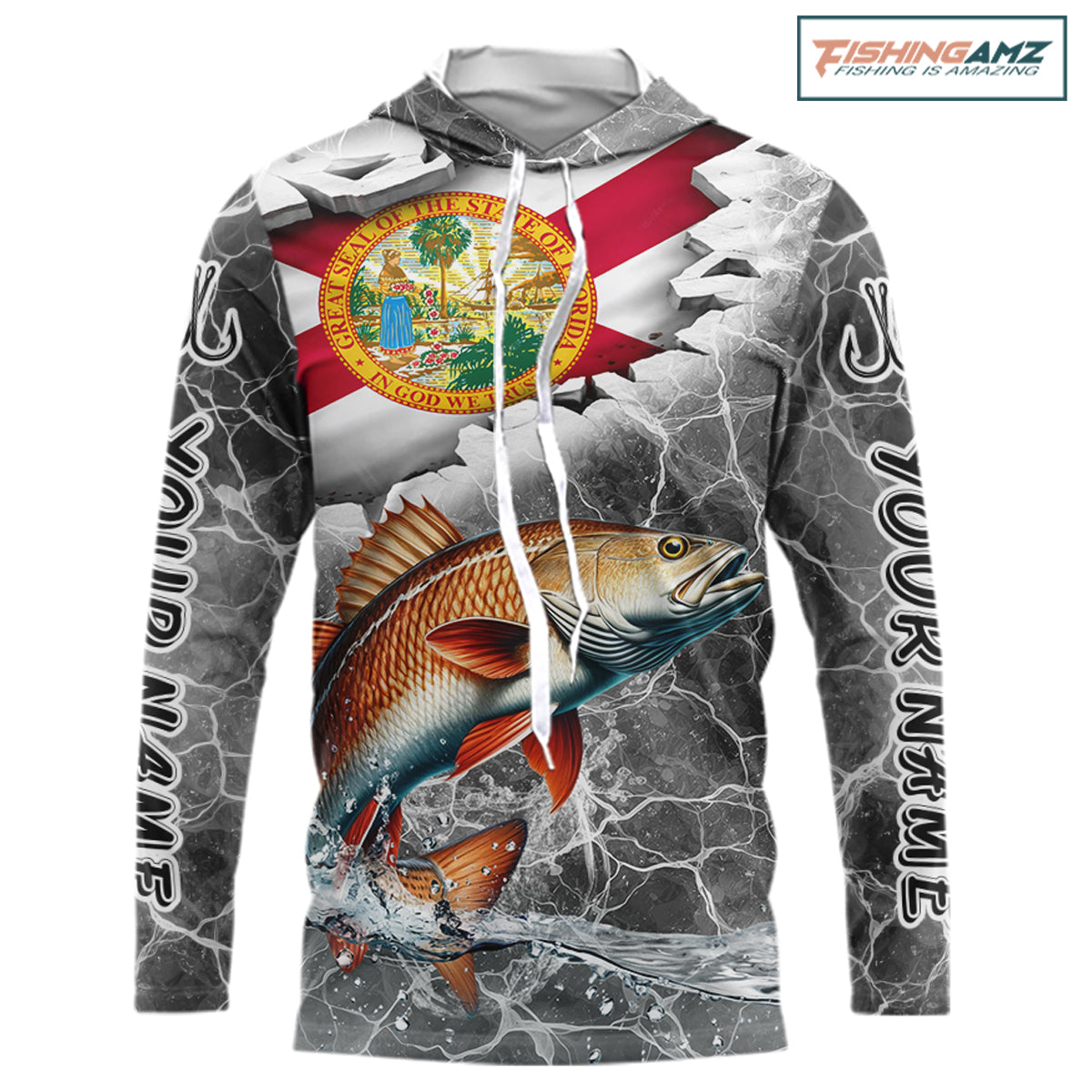Florida Redfish Camo Gray Custom Hooded Long Sleeve Performance Fishing Shirts, Florida Flag Fishing Jerseys NHT660