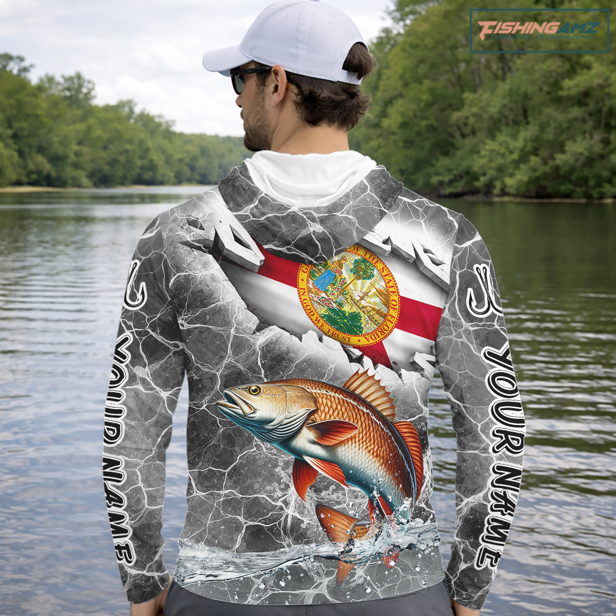 Florida Redfish Camo Gray Custom Hooded Long Sleeve Performance Fishing Shirts, Florida Flag Fishing Jerseys NHT660